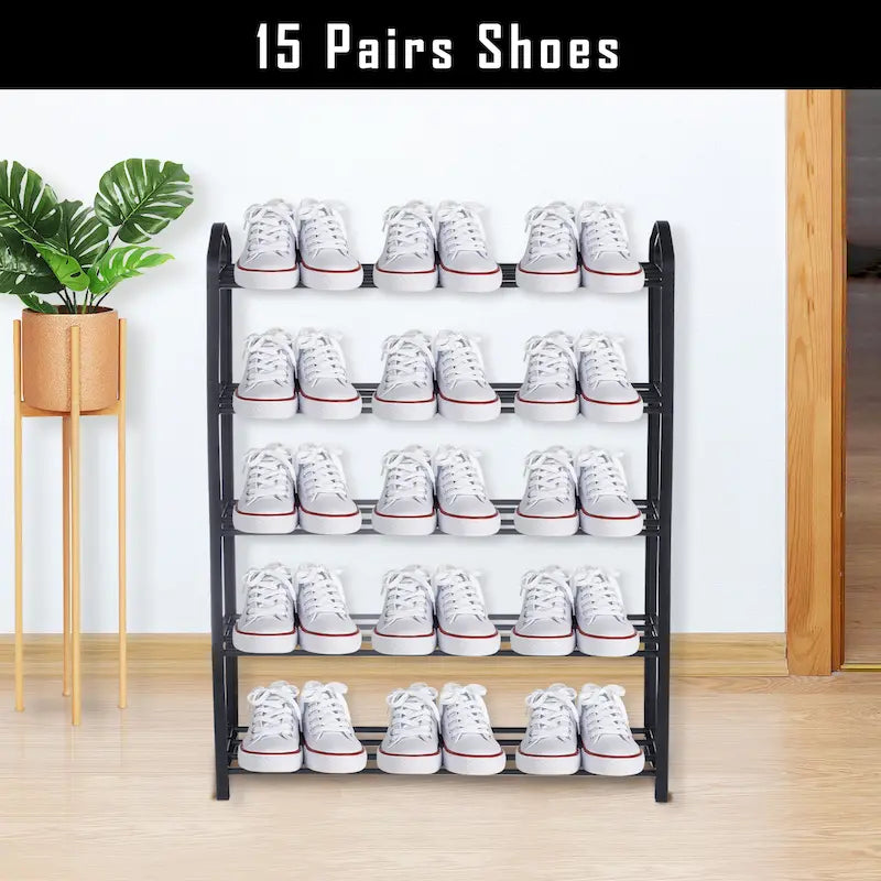 Étagère à chaussures empilable à 5 niveaux, rangement pour 15 paires de chaussures, tour à chaussures noire robuste