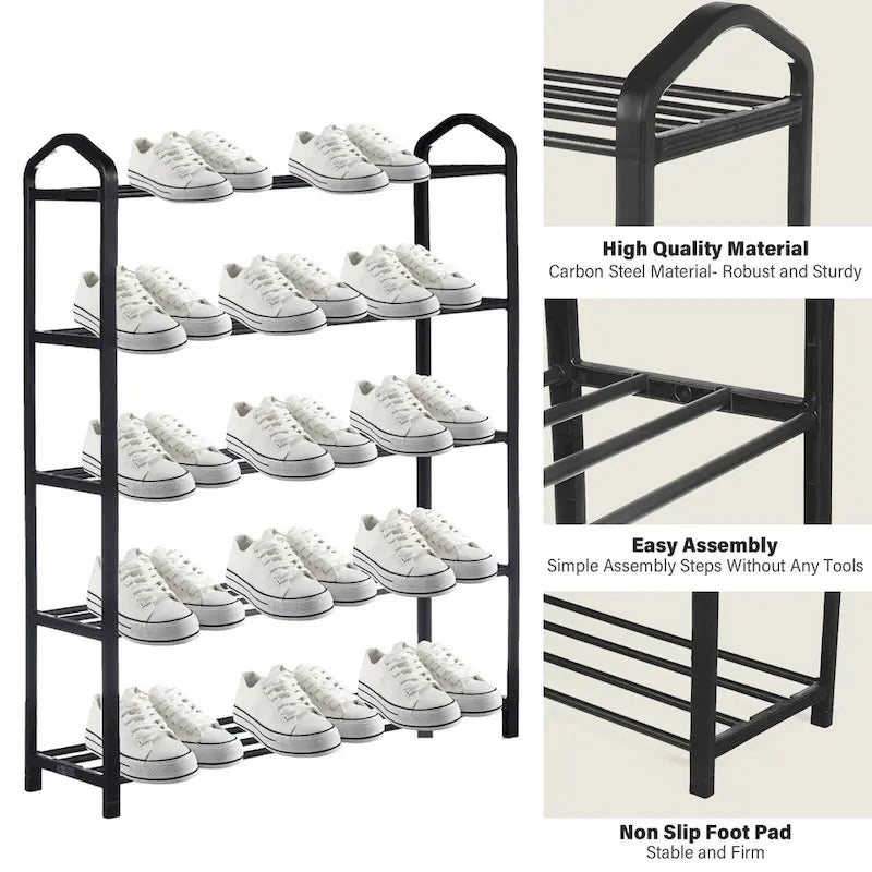 Étagère à chaussures empilable à 5 niveaux, rangement pour 15 paires de chaussures, tour à chaussures noire robuste
