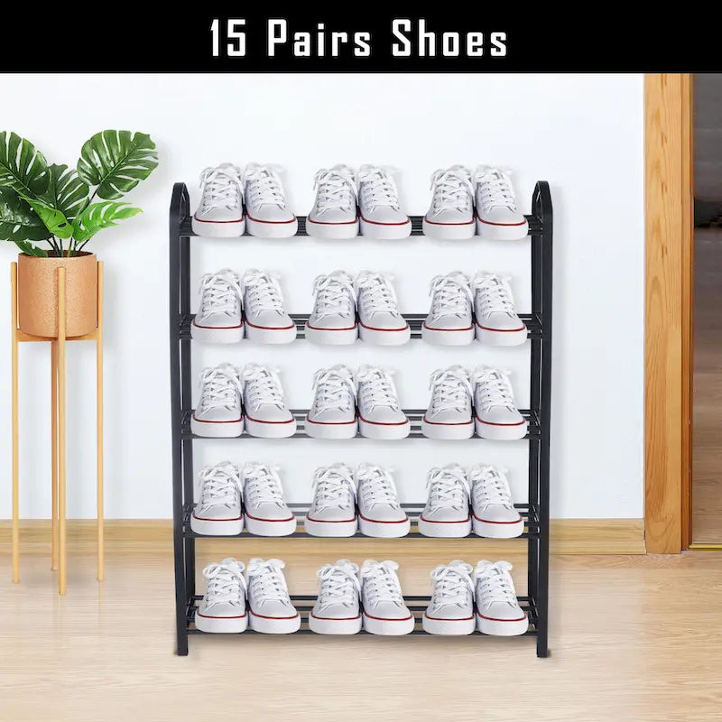 Étagère à chaussures empilable à 5 niveaux, rangement pour 15 paires de chaussures, tour à chaussures noire robuste