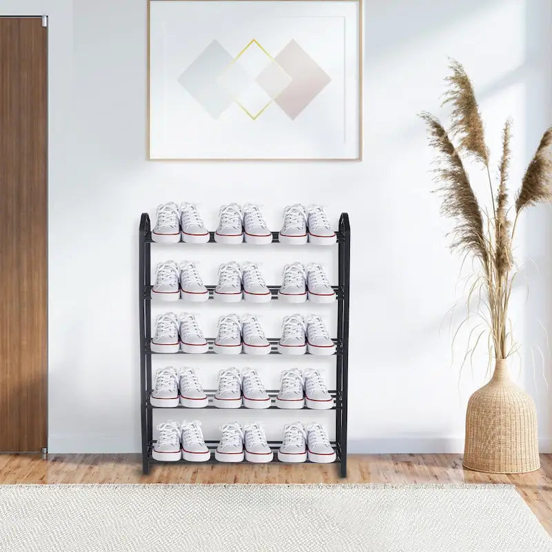 Étagère à chaussures empilable à 5 niveaux, rangement pour 15 paires de chaussures, tour à chaussures noire robuste