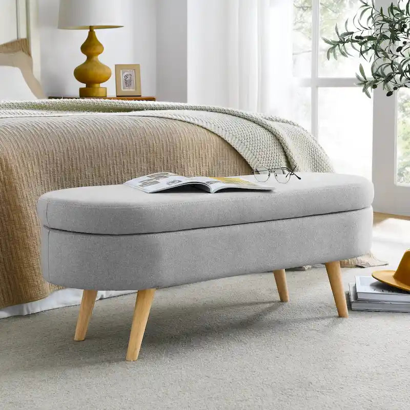 Banc de rangement ottoman plissé en lin avec pieds durables en bois d'hévéa