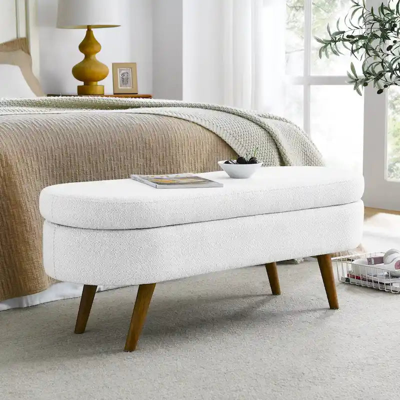 Banc de rangement ottoman plissé en lin avec pieds durables en bois d'hévéa