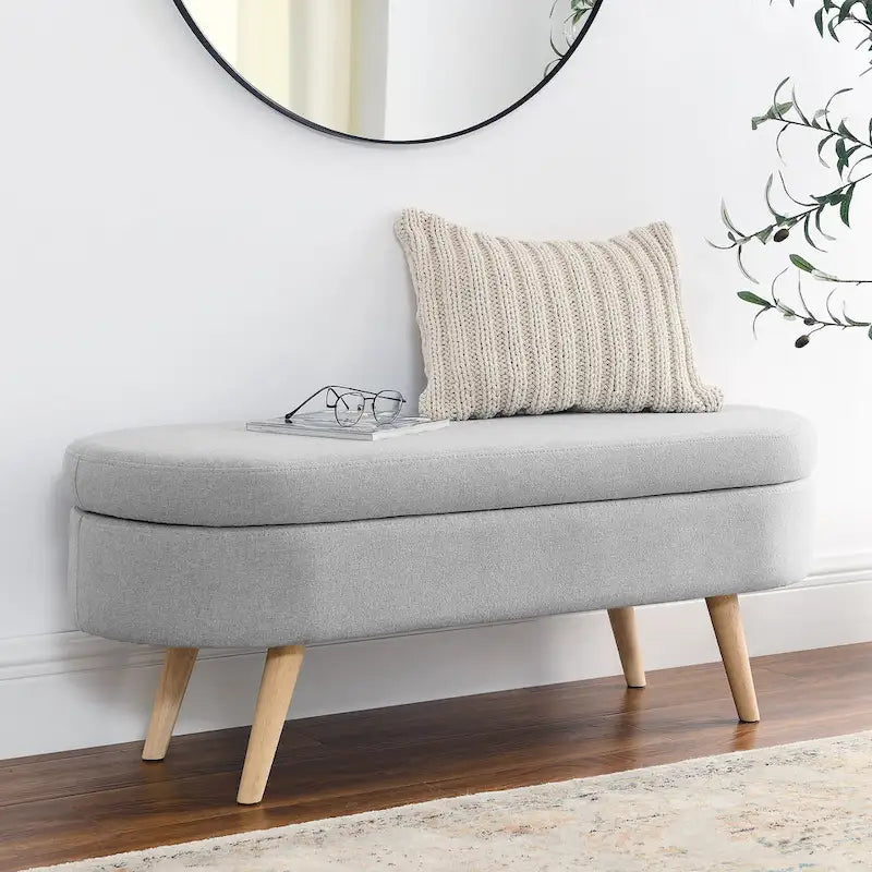 Banc de rangement ottoman plissé en lin avec pieds durables en bois d'hévéa