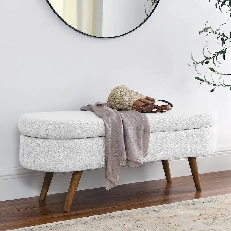 Banc de rangement ottoman plissé en lin avec pieds durables en bois d'hévéa