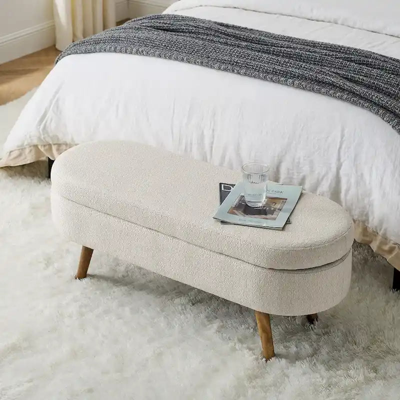 Banc de rangement ottoman plissé en lin avec pieds durables en bois d'hévéa