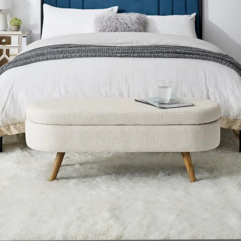 Banc de rangement ottoman plissé en lin avec pieds durables en bois d'hévéa