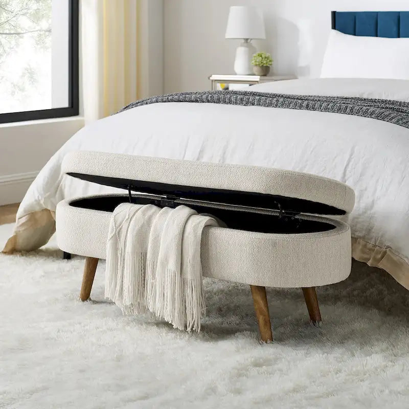 Banc de rangement ottoman plissé en lin avec pieds durables en bois d'hévéa