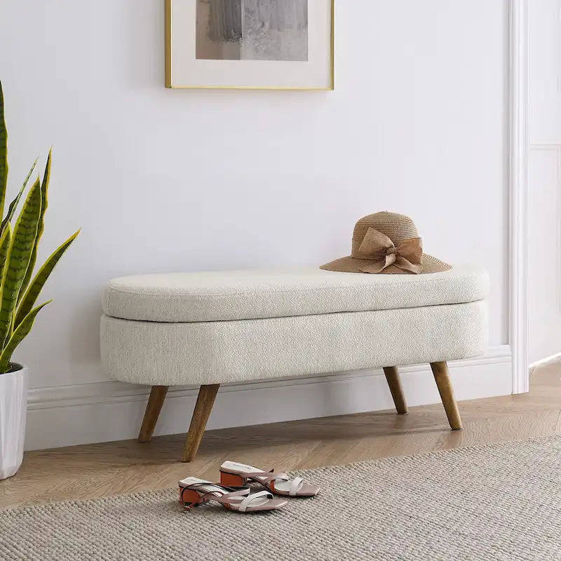 Banc de rangement ottoman plissé en lin avec pieds durables en bois d'hévéa
