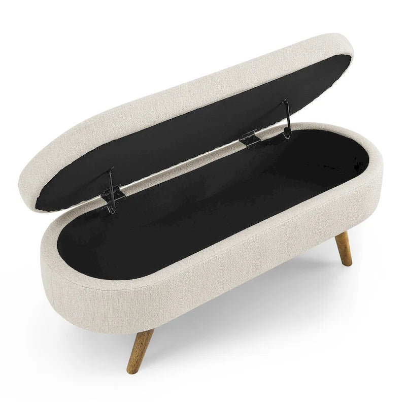 Banc de rangement ottoman plissé en lin avec pieds durables en bois d'hévéa