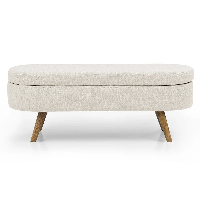 Banc de rangement ottoman plissé en lin avec pieds durables en bois d'hévéa