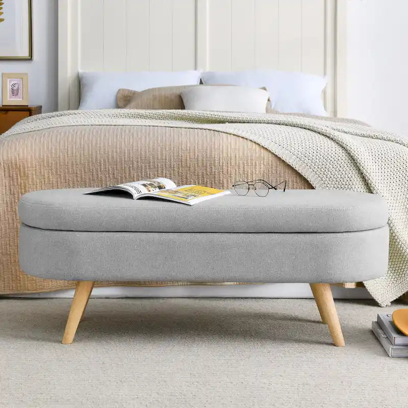 Banc de rangement ottoman plissé en lin avec pieds durables en bois d'hévéa
