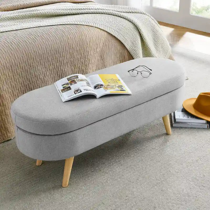 Banc de rangement ottoman plissé en lin avec pieds durables en bois d'hévéa