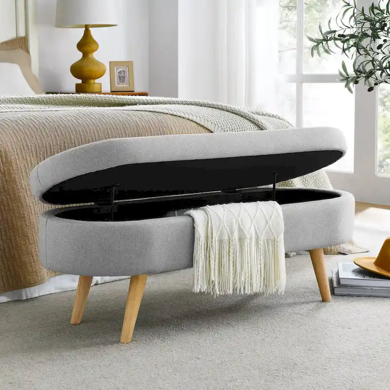 Banc de rangement ottoman plissé en lin avec pieds durables en bois d'hévéa