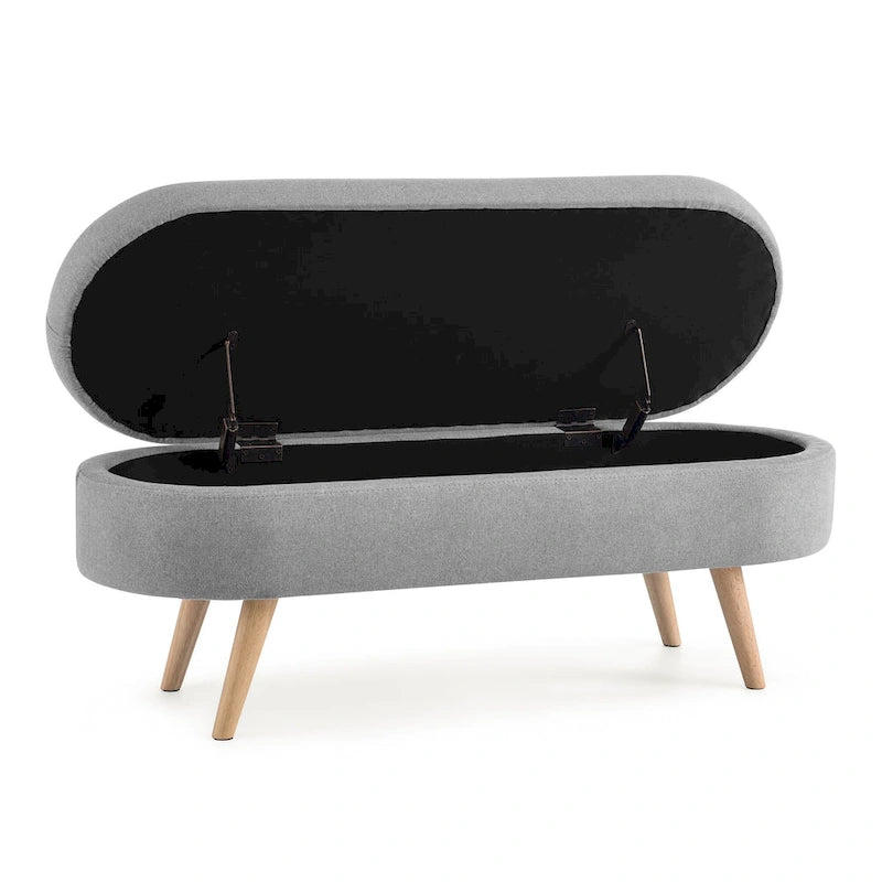 Banc de rangement ottoman plissé en lin avec pieds durables en bois d'hévéa
