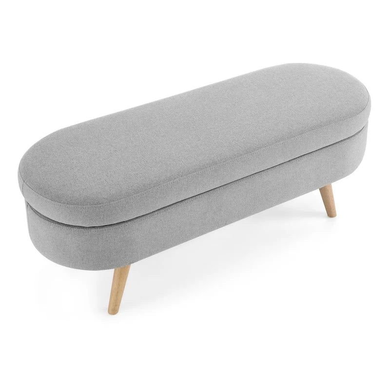 Banc de rangement ottoman plissé en lin avec pieds durables en bois d'hévéa