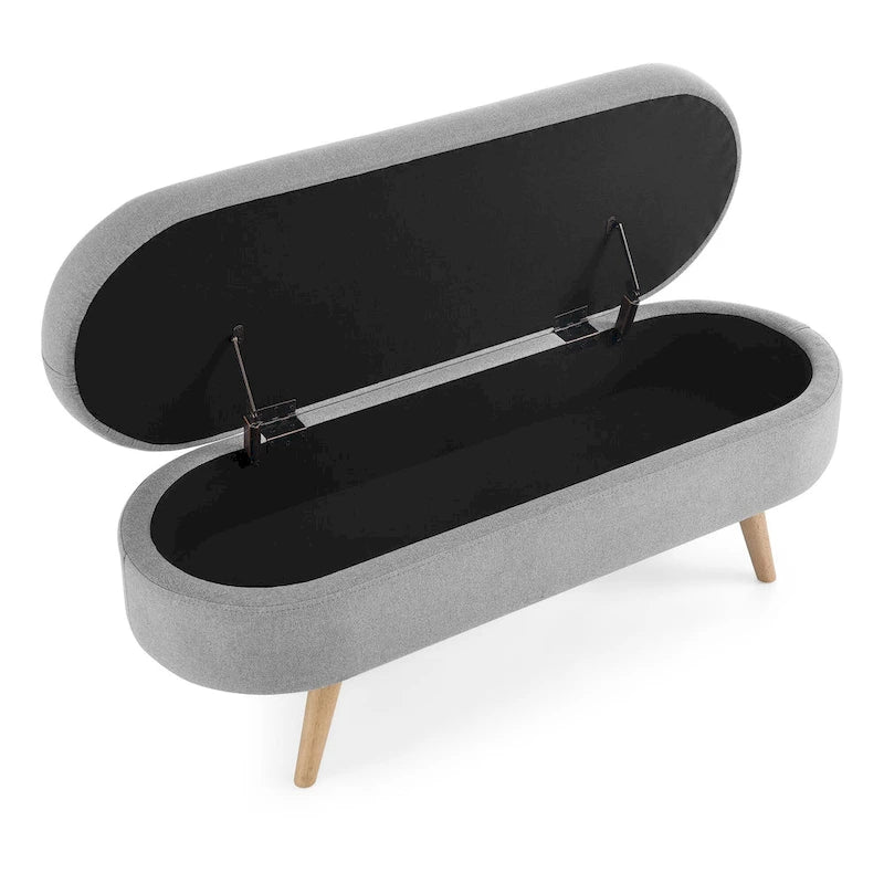 Banc de rangement ottoman plissé en lin avec pieds durables en bois d'hévéa