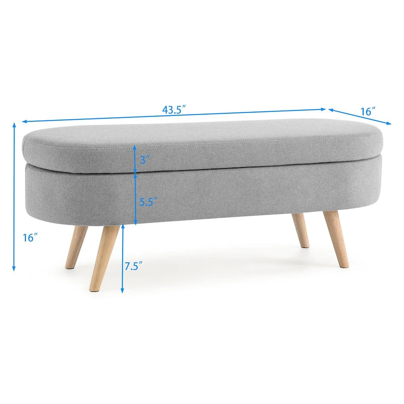 Banc de rangement ottoman plissé en lin avec pieds durables en bois d'hévéa