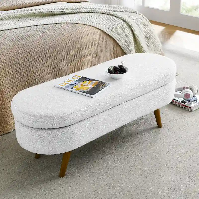 Banc de rangement ottoman plissé en lin avec pieds durables en bois d'hévéa