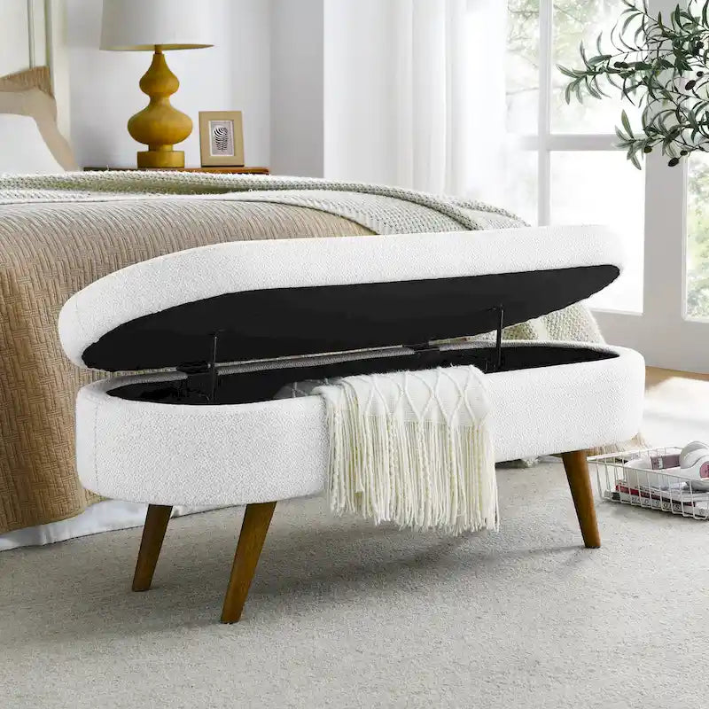 Banc de rangement ottoman plissé en lin avec pieds durables en bois d'hévéa