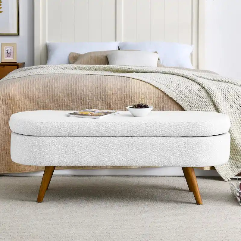 Banc de rangement ottoman plissé en lin avec pieds durables en bois d'hévéa