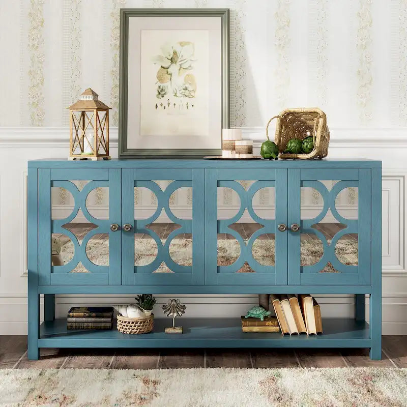Console de table/Meuble de rangement/Buffet rétro élégant avec portes en miroir, étagères spacieuses et pieds durables en bois d'acacia