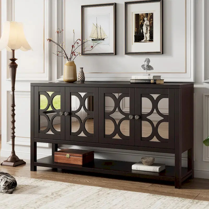 Console de table/Meuble de rangement/Buffet rétro élégant avec portes en miroir, étagères spacieuses et pieds durables en bois d'acacia