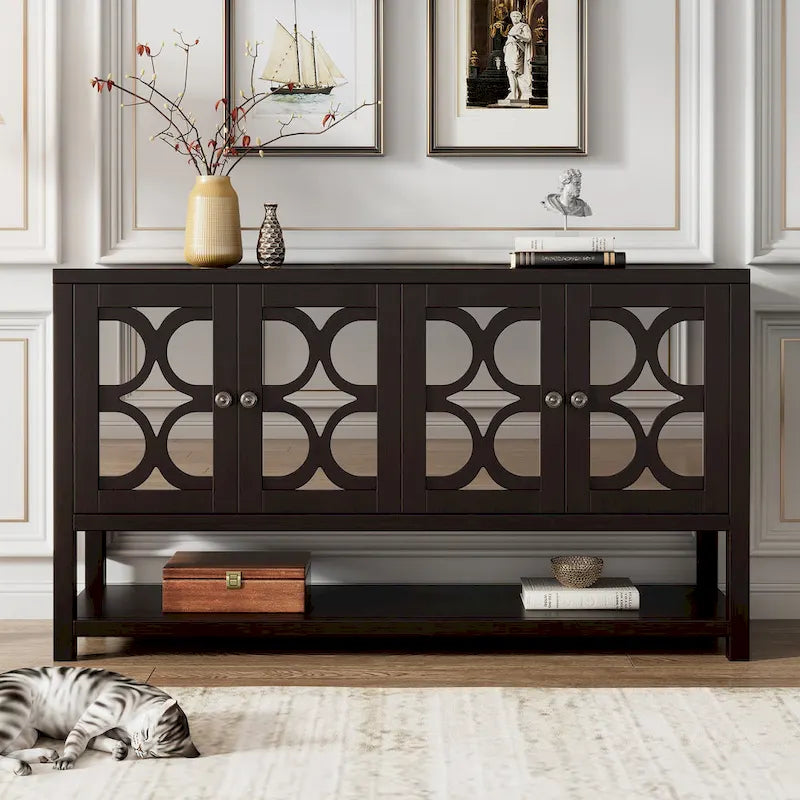 Console de table/Meuble de rangement/Buffet rétro élégant avec portes en miroir, étagères spacieuses et pieds durables en bois d'acacia