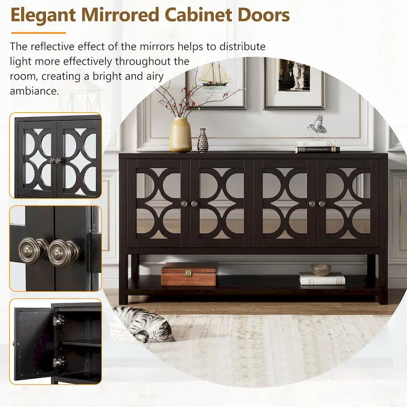 Console de table/Meuble de rangement/Buffet rétro élégant avec portes en miroir, étagères spacieuses et pieds durables en bois d'acacia