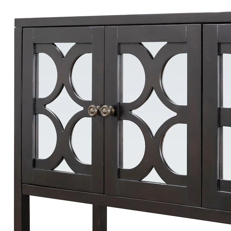 Console de table/Meuble de rangement/Buffet rétro élégant avec portes en miroir, étagères spacieuses et pieds durables en bois d'acacia