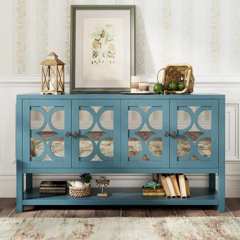 Console de table/Meuble de rangement/Buffet rétro élégant avec portes en miroir, étagères spacieuses et pieds durables en bois d'acacia