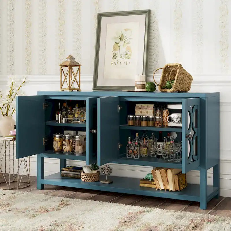 Console de table/Meuble de rangement/Buffet rétro élégant avec portes en miroir, étagères spacieuses et pieds durables en bois d'acacia