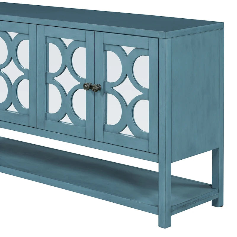Console de table/Meuble de rangement/Buffet rétro élégant avec portes en miroir, étagères spacieuses et pieds durables en bois d'acacia