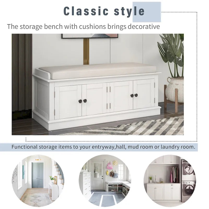 Banc de rangement avec 4 portes et étagères réglables