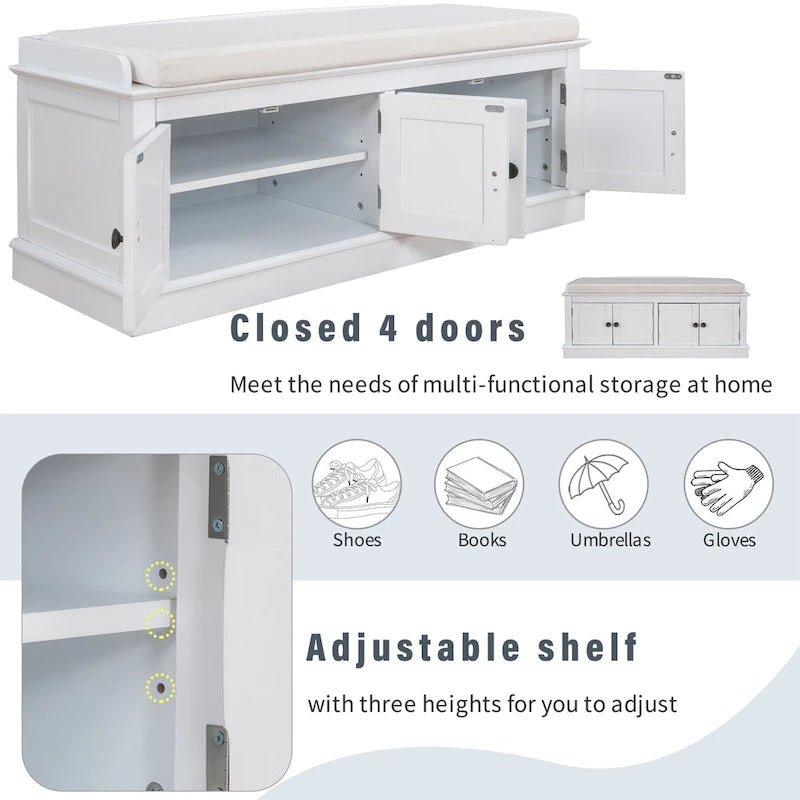 Banc de rangement avec 4 portes et étagères réglables