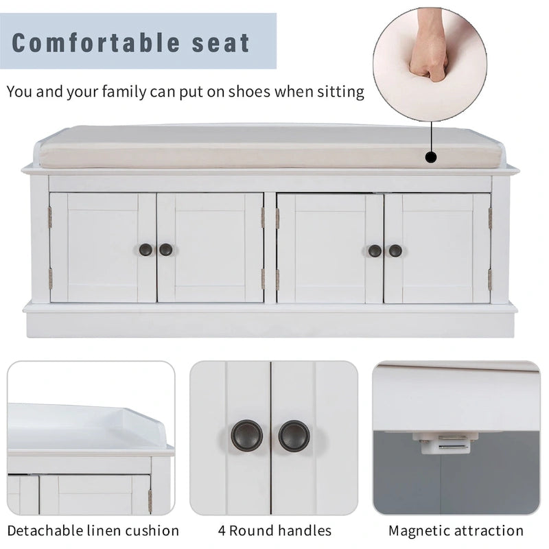 Banc de rangement avec 4 portes et étagères réglables