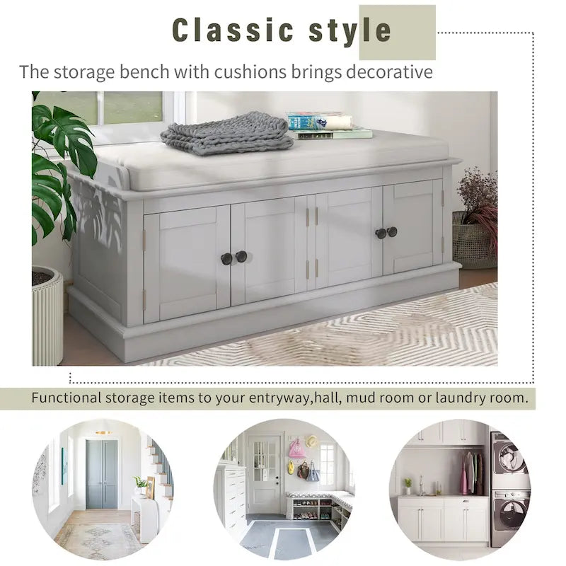 Banc de rangement avec 4 portes et étagères réglables