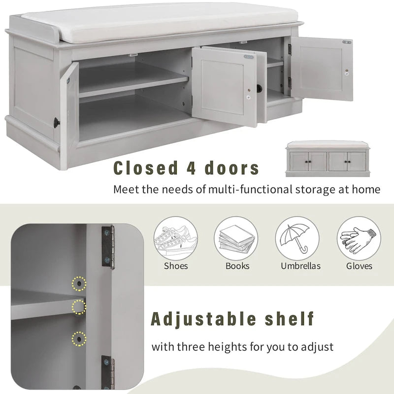 Banc de rangement avec 4 portes et étagères réglables