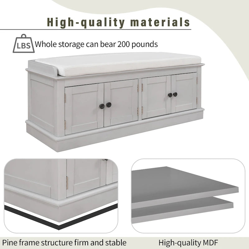 Banc de rangement avec 4 portes et étagères réglables