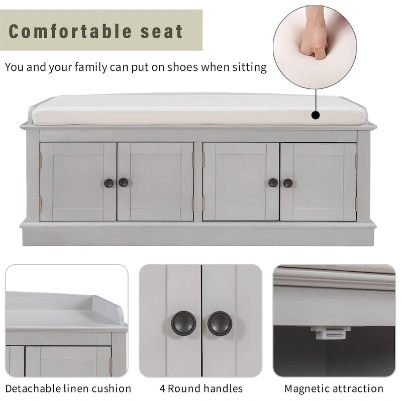 Banc de rangement avec 4 portes et étagères réglables