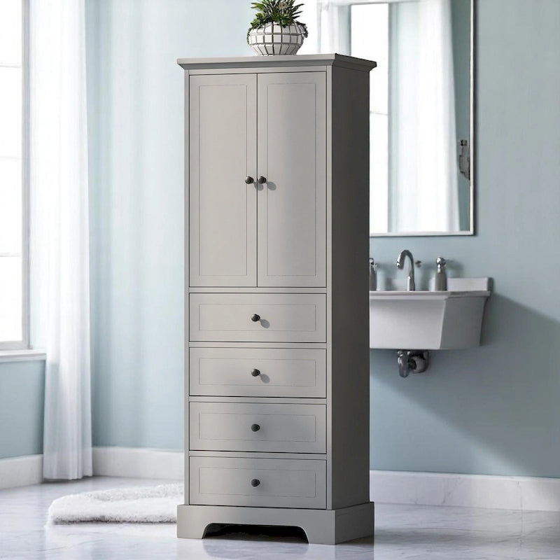 Meuble de salle de bain blanc autoportant avec 4 tiroirs et 2 portes, étagère réglable, unité de rangement en MDF étanche
