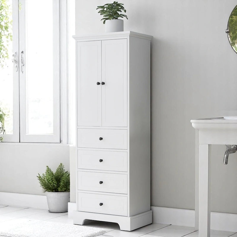 Meuble de salle de bain blanc autoportant avec 4 tiroirs et 2 portes, étagère réglable, unité de rangement en MDF étanche