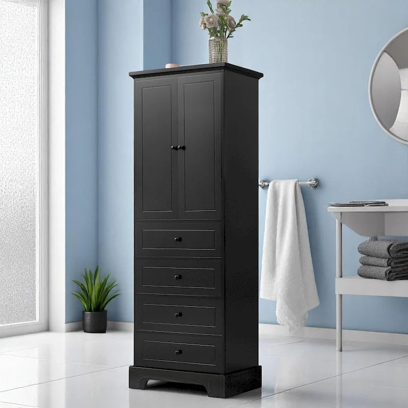 Meuble de salle de bain blanc autoportant avec 4 tiroirs et 2 portes, étagère réglable, unité de rangement en MDF étanche