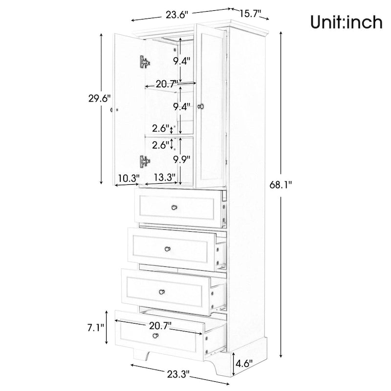 Meuble de salle de bain blanc autoportant avec 4 tiroirs et 2 portes, étagère réglable, unité de rangement en MDF étanche