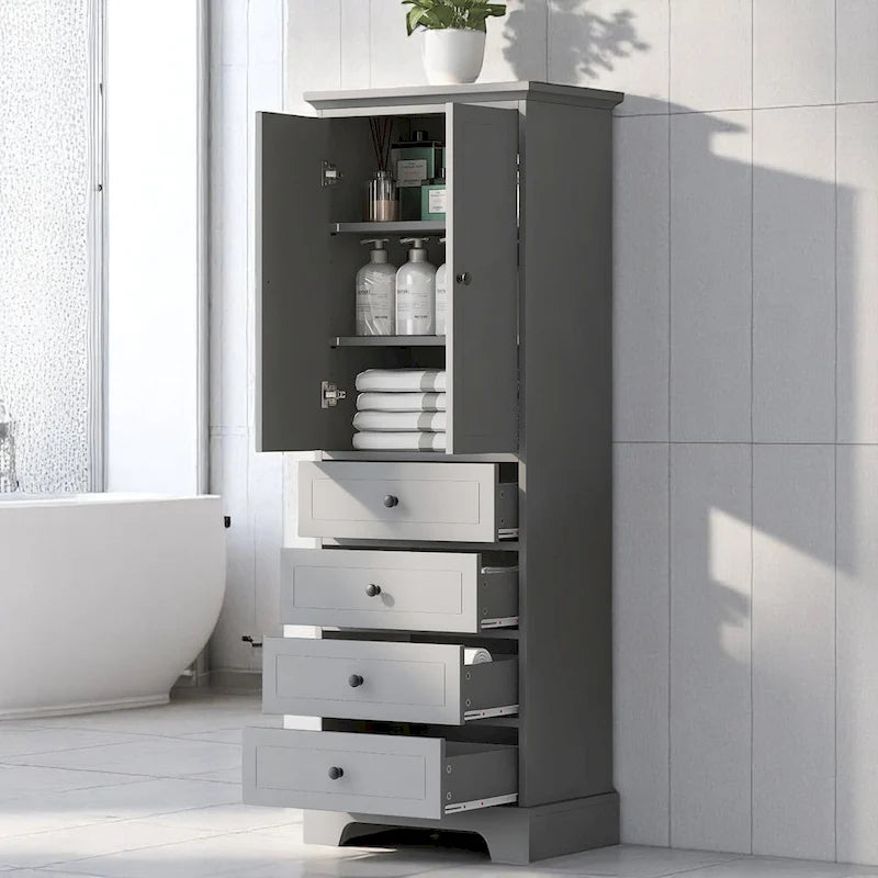 Meuble de salle de bain blanc autoportant avec 4 tiroirs et 2 portes, étagère réglable, unité de rangement en MDF étanche
