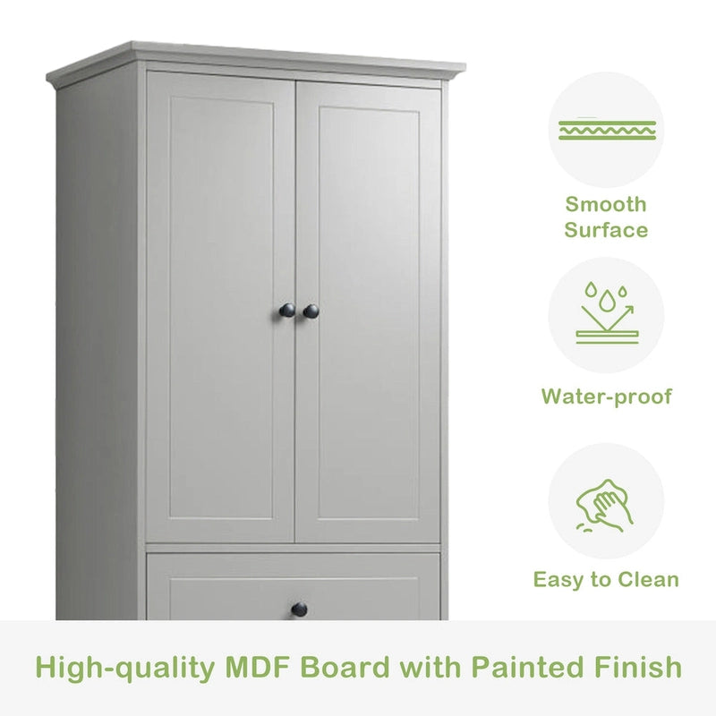 Meuble de salle de bain blanc autoportant avec 4 tiroirs et 2 portes, étagère réglable, unité de rangement en MDF étanche