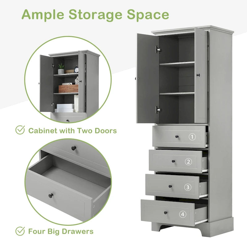 Meuble de salle de bain blanc autoportant avec 4 tiroirs et 2 portes, étagère réglable, unité de rangement en MDF étanche
