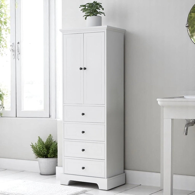 Meuble de salle de bain blanc autoportant avec 4 tiroirs et 2 portes, étagère réglable, unité de rangement en MDF étanche