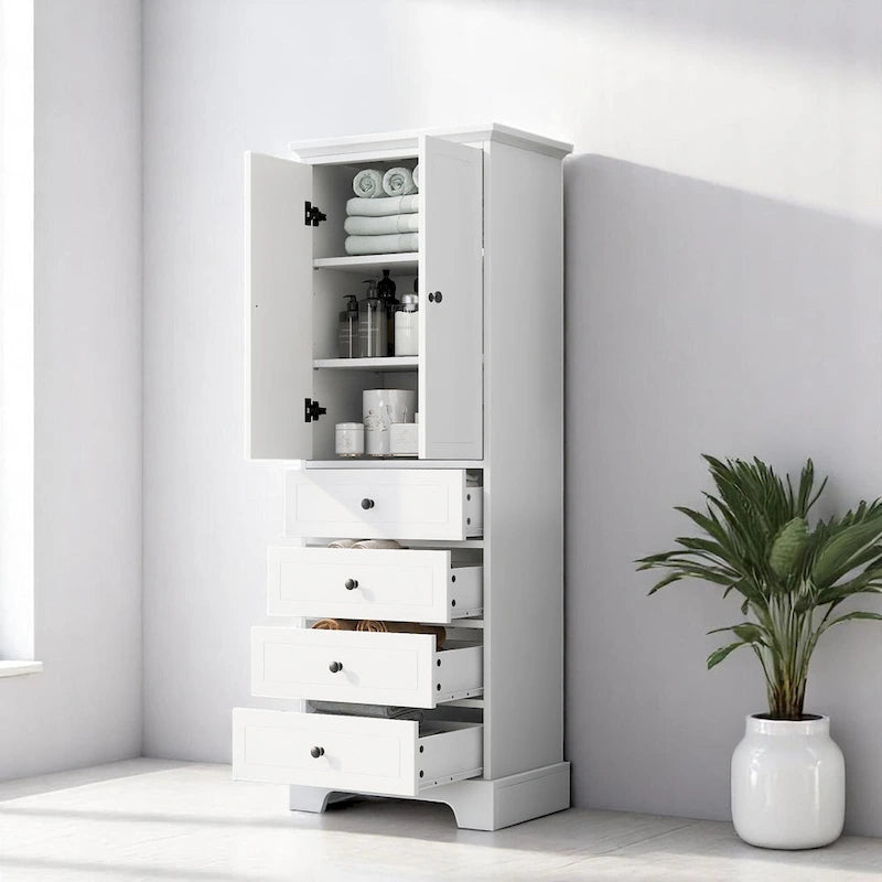 Meuble de salle de bain blanc autoportant avec 4 tiroirs et 2 portes, étagère réglable, unité de rangement en MDF étanche