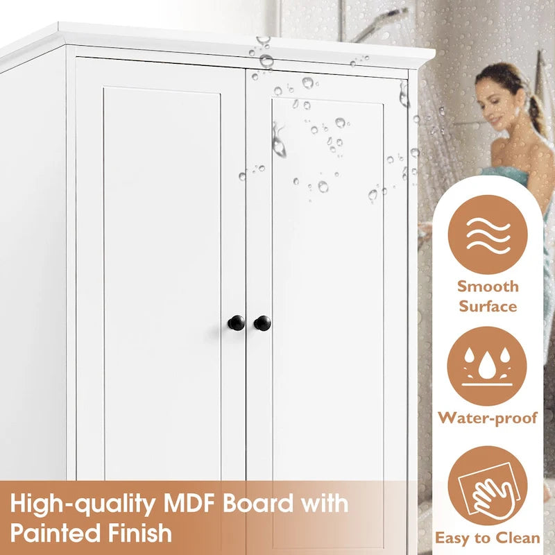 Meuble de salle de bain blanc autoportant avec 4 tiroirs et 2 portes, étagère réglable, unité de rangement en MDF étanche