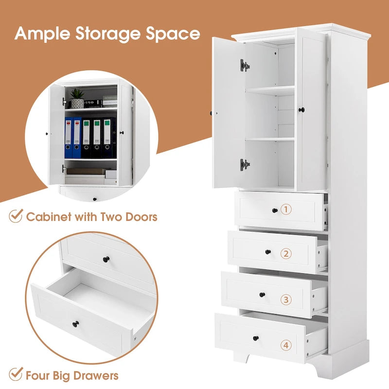 Meuble de salle de bain blanc autoportant avec 4 tiroirs et 2 portes, étagère réglable, unité de rangement en MDF étanche